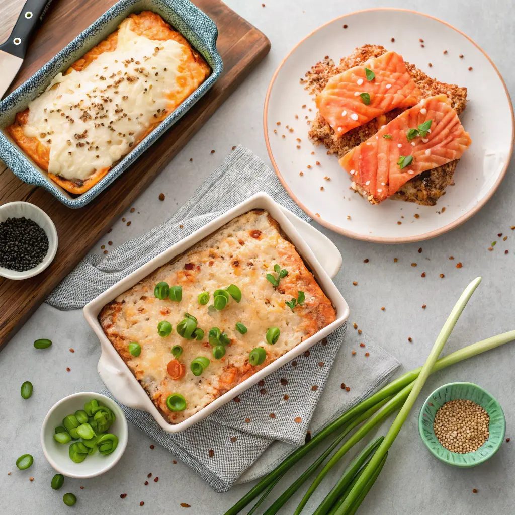 Variations of spicy salmon sushi bake