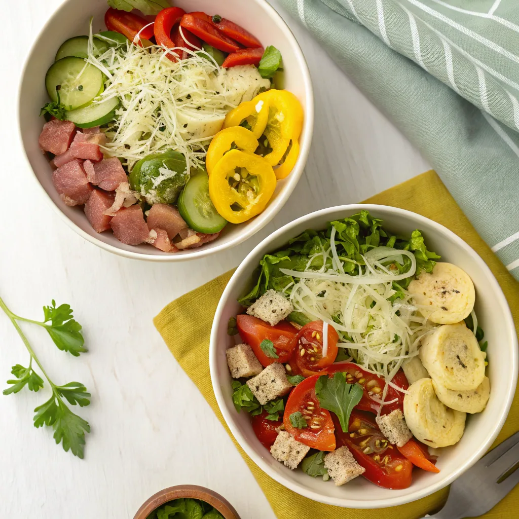Two bowls of Italian Sub Salad Two Ways
