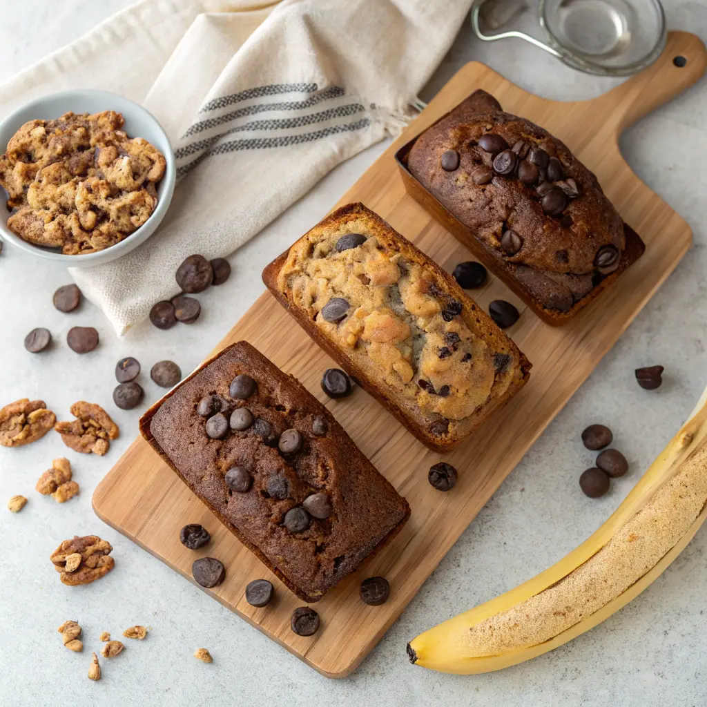 Four small versions of chocolate chip banana bread