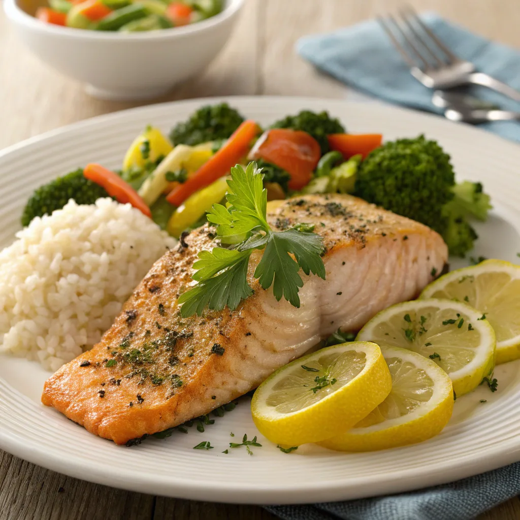 Fried lemon pepper salmon served with sides