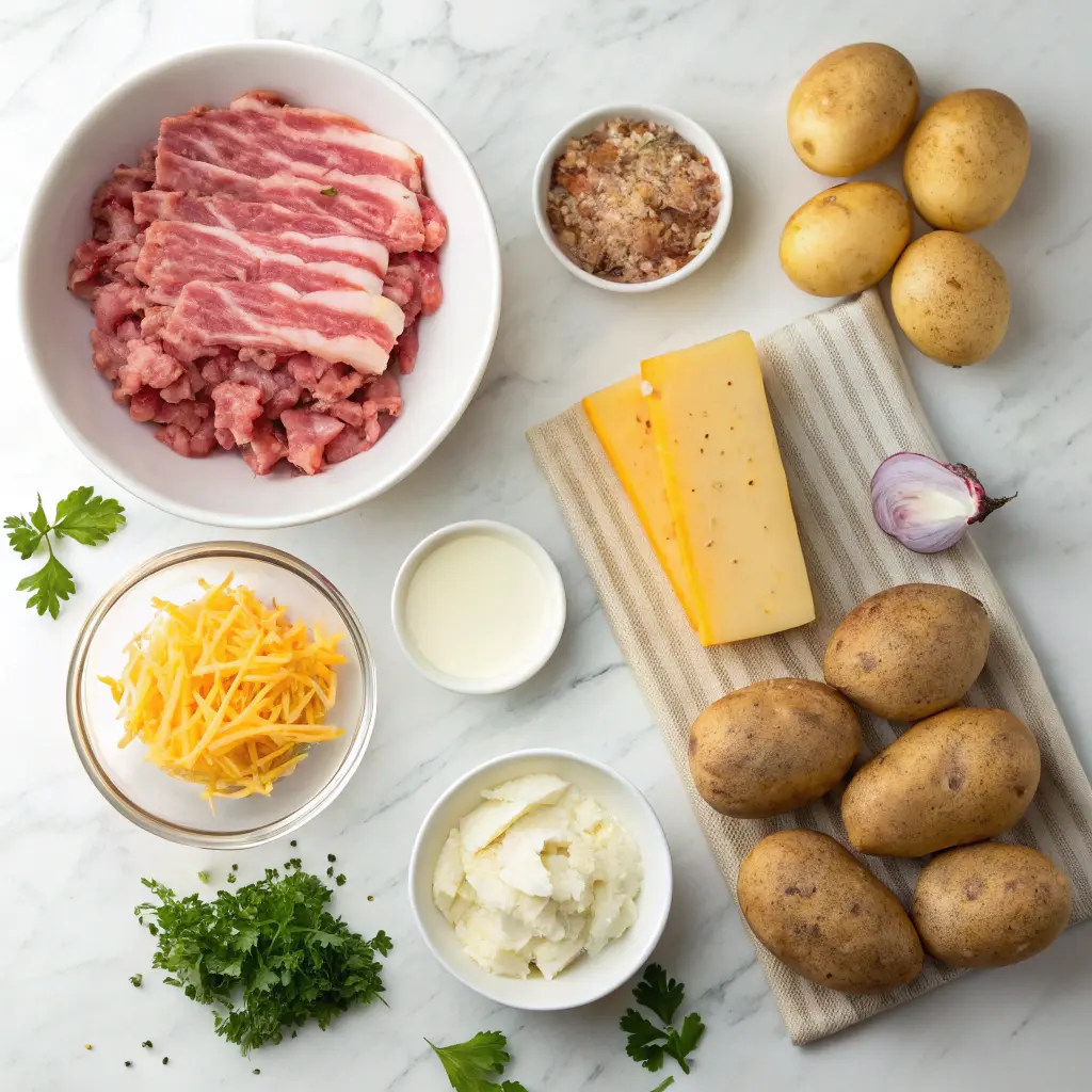 Ingredients for bacon and sausage stuffed potato loaf