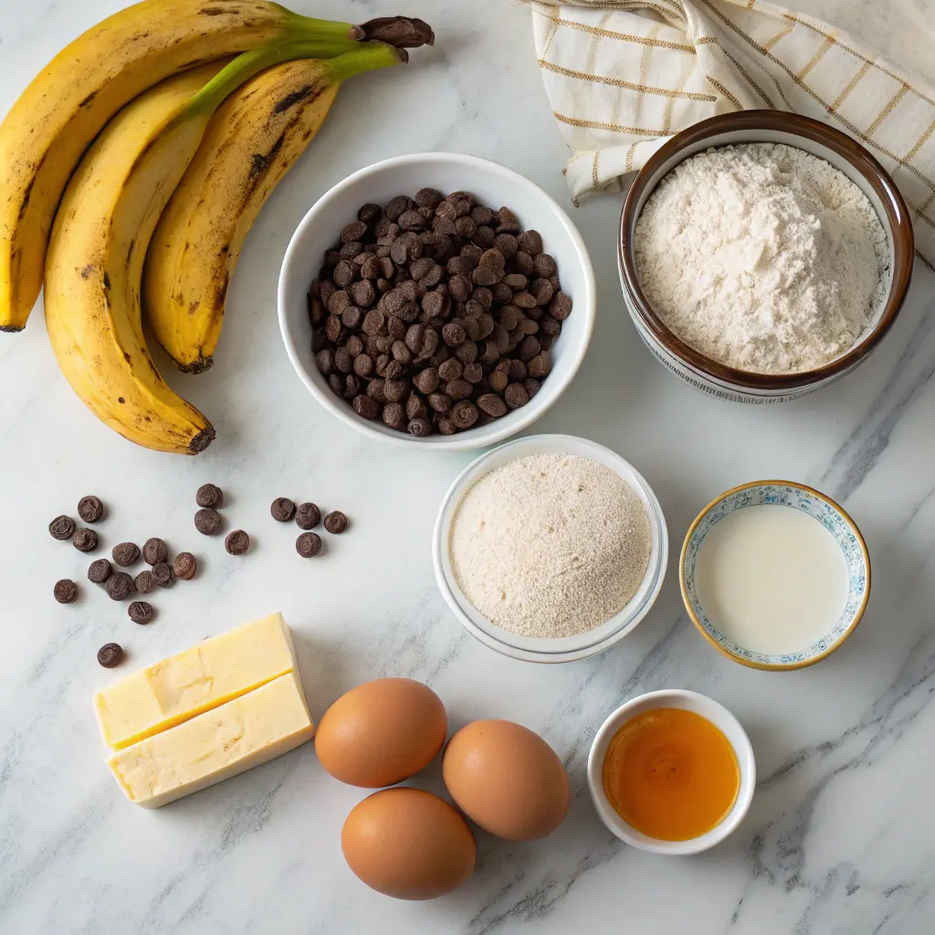 Banana Chocolate Chip Bread – Healthy, Eggless, and Tasty 10 Ingredients for banana chocolate chip bread laid out