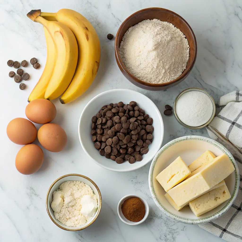 Ingredients for chocolate chip banana bread on marble counter