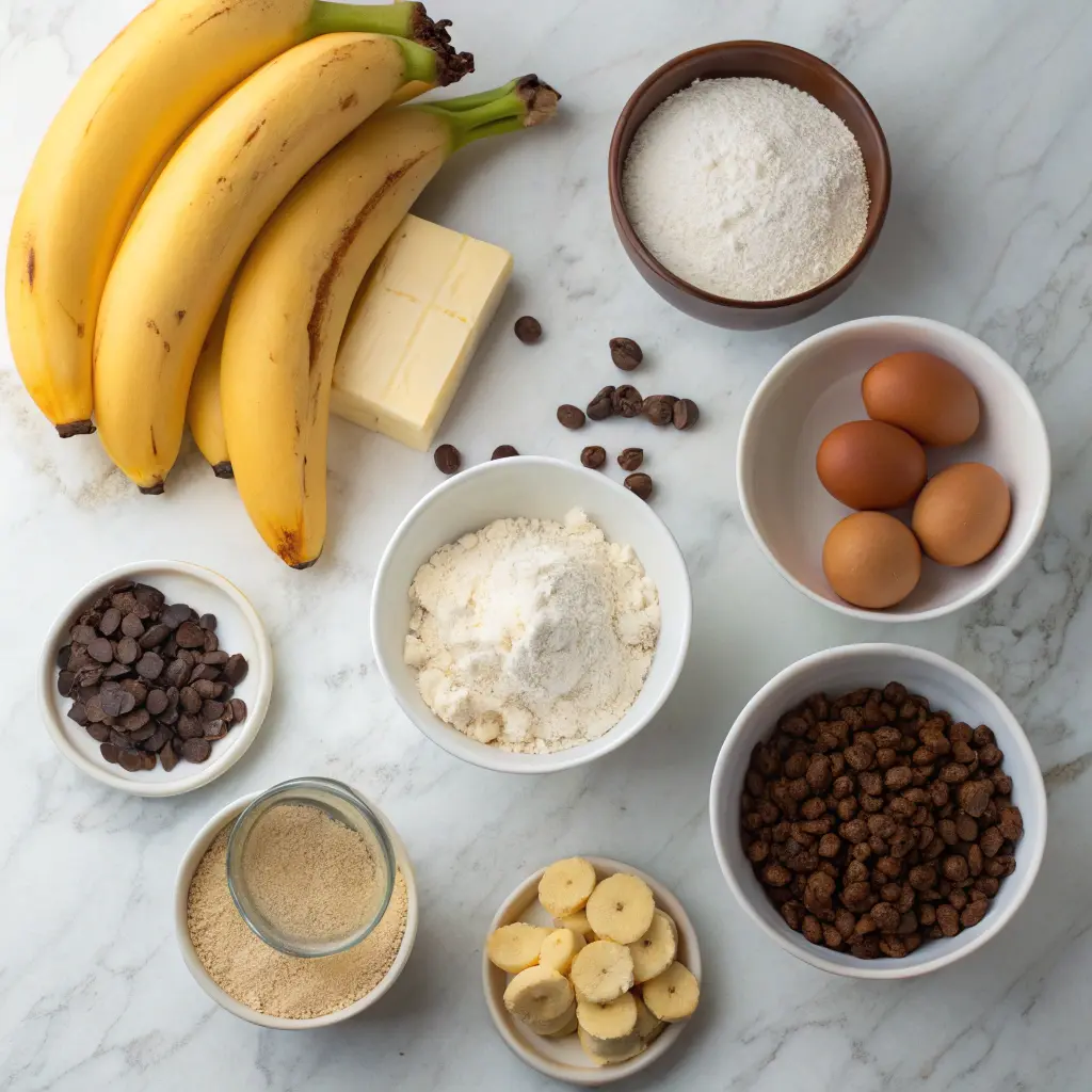 Ingredients for chocolate chip banana bread