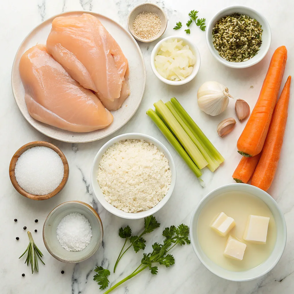 Ingredients for creamy chicken and rice soup