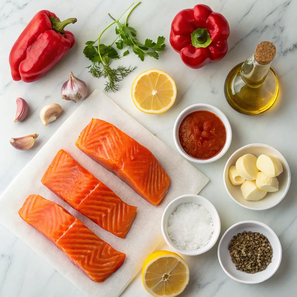 Ingredients for salmon with red pepper sauce
