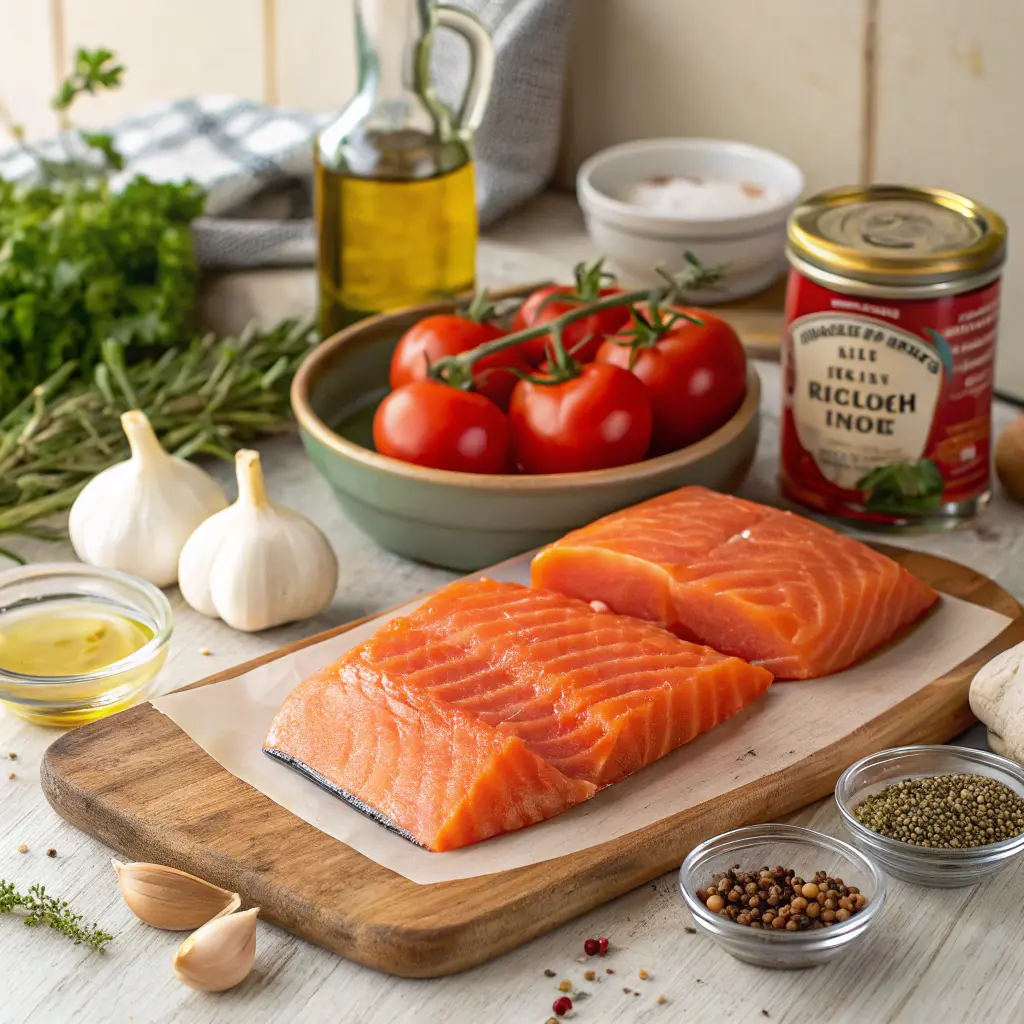 Garlic Salmon in Tomato Sauce Healthy Dinner Idea 10 Ingredients for garlic salmon in tomato sauce