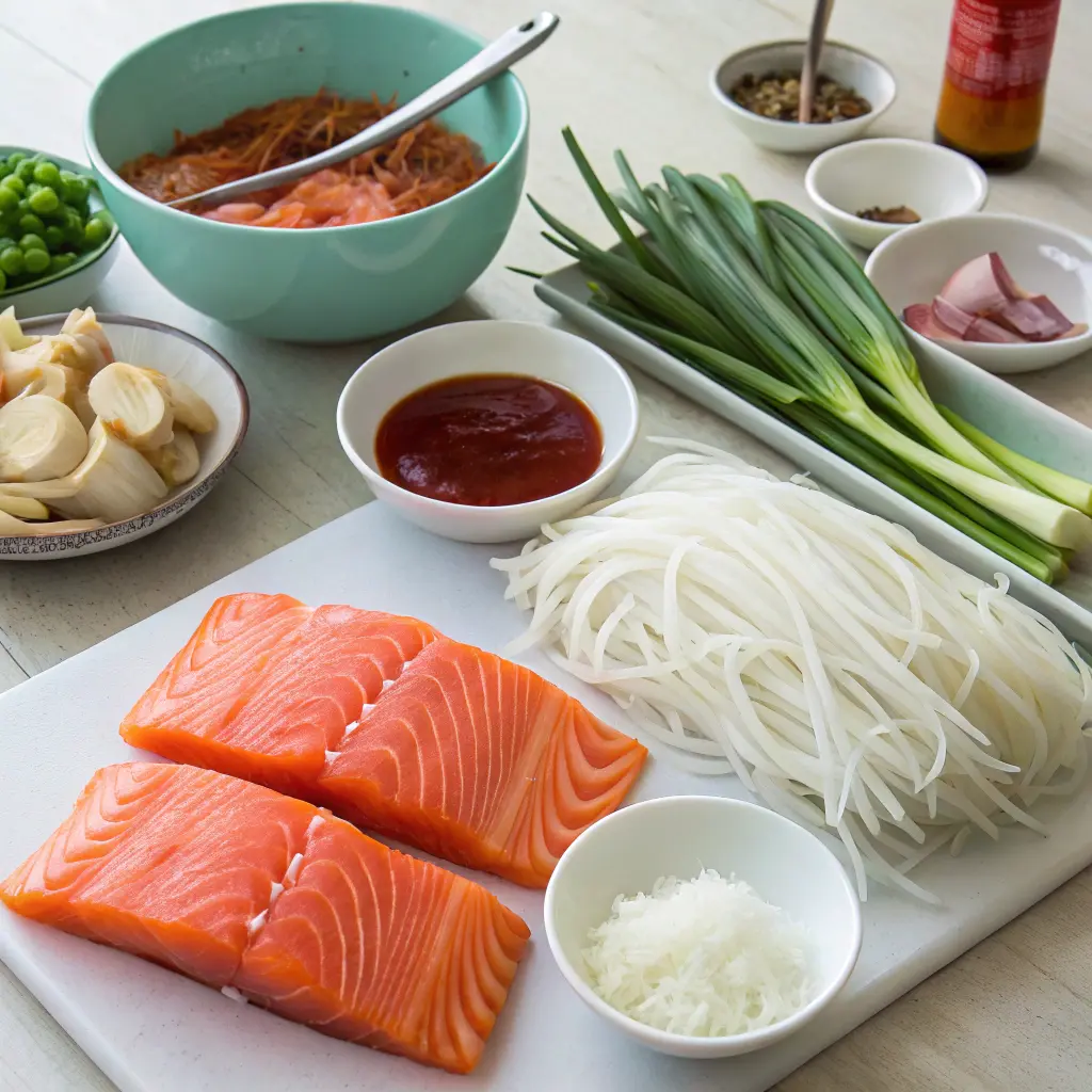 Ingredients for gochujang noodles with salmon