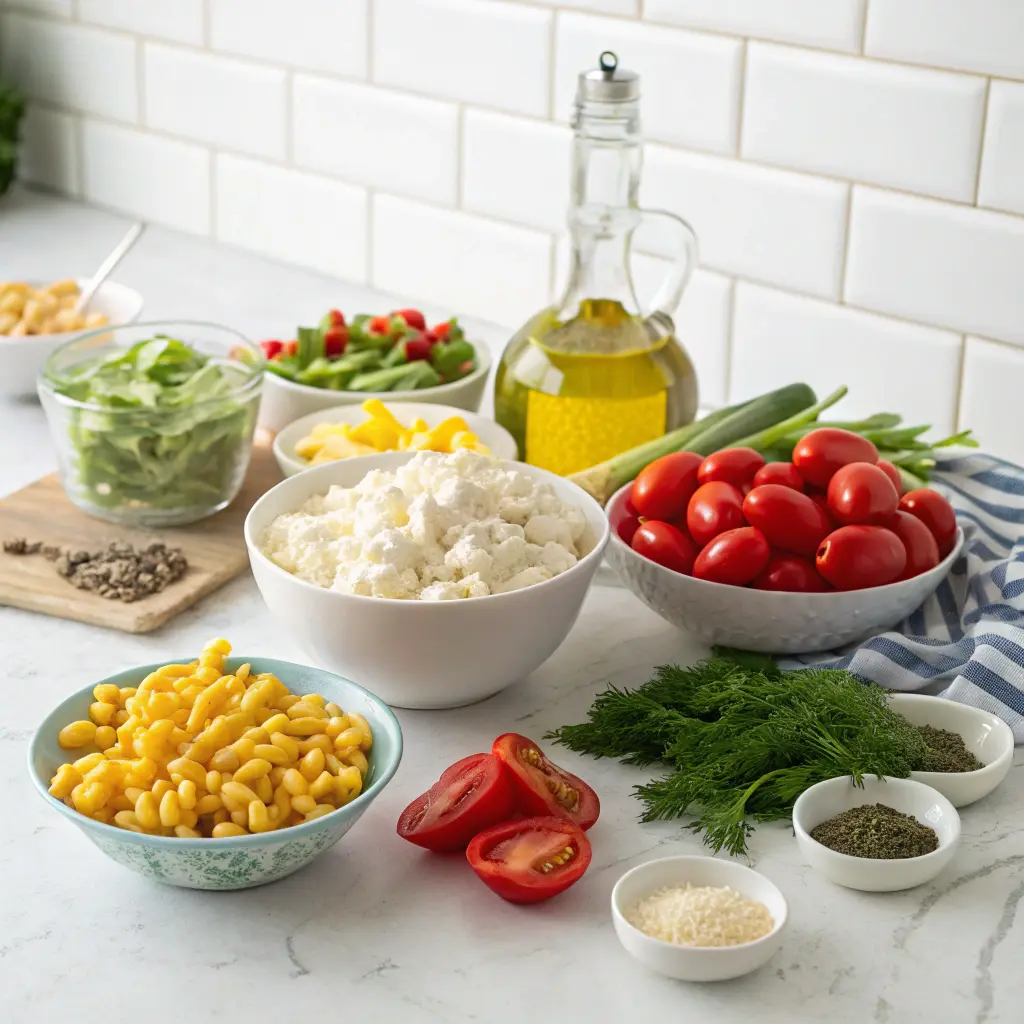 High Protein Cottage Cheese Pasta Salad Creamy Healthy Recipe 10 Ingredients for cottage cheese pasta salad