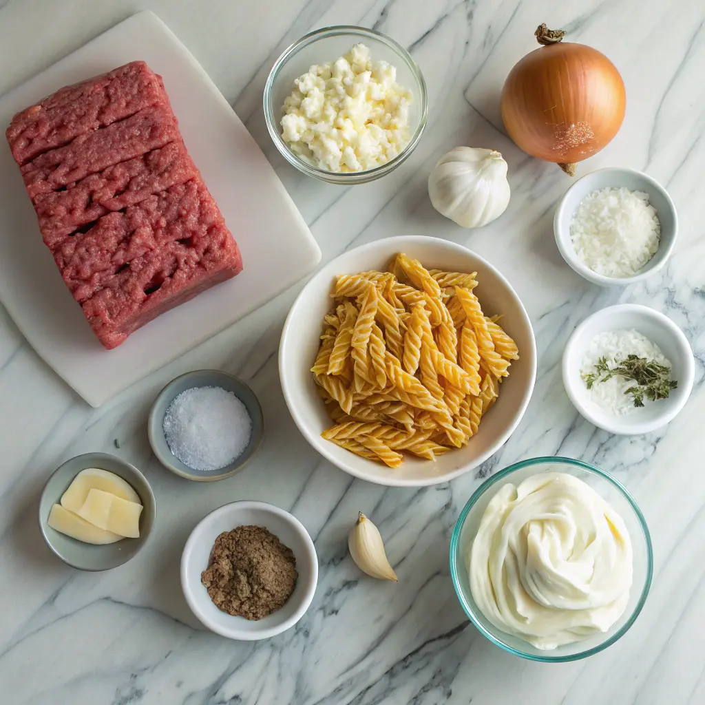 Ingredients for high protein creamy beef pasta