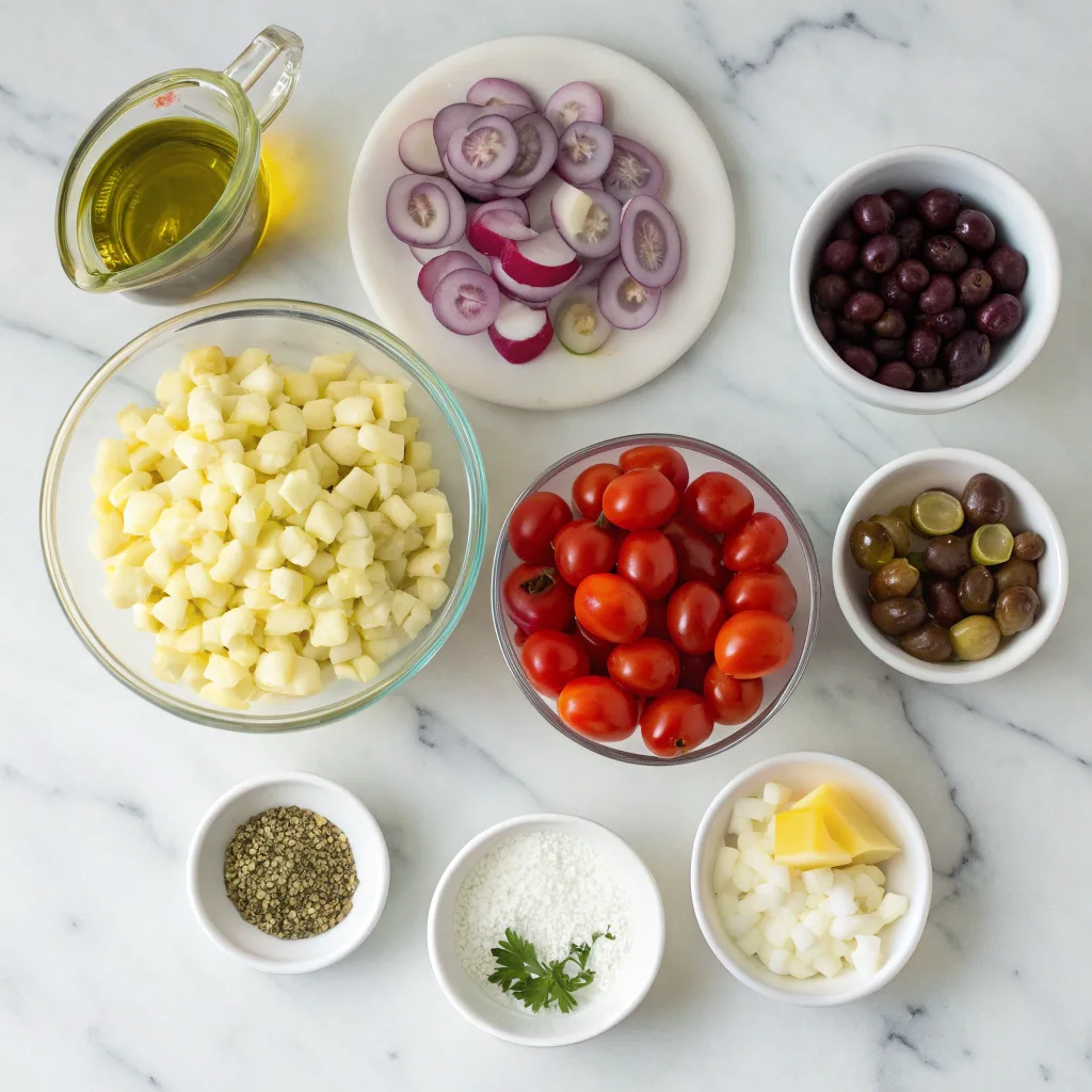 Horiatiki Village Pasta Salad – Healthy Greek Pasta Bowl 8 Ingredients for Horiatiki Village Pasta Salad