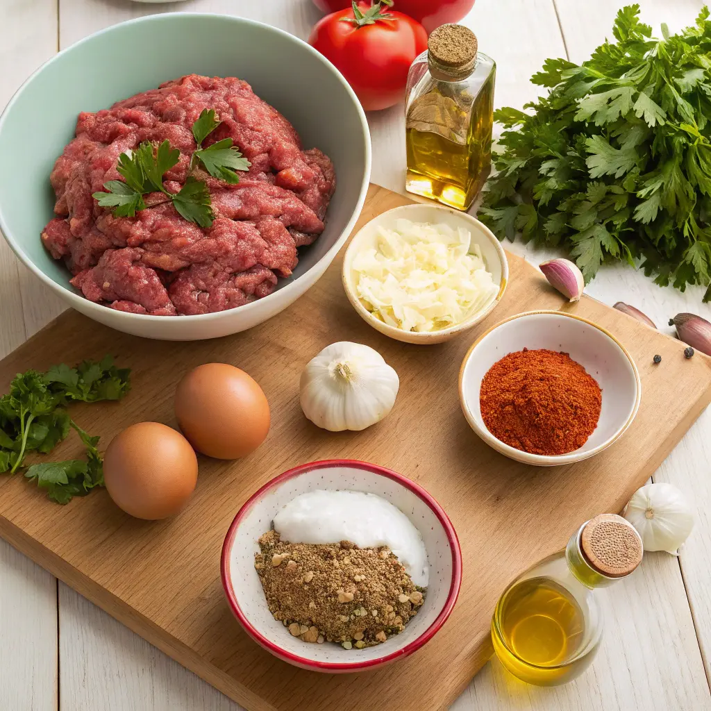 Ingredients for Moroccan meatballs laid out