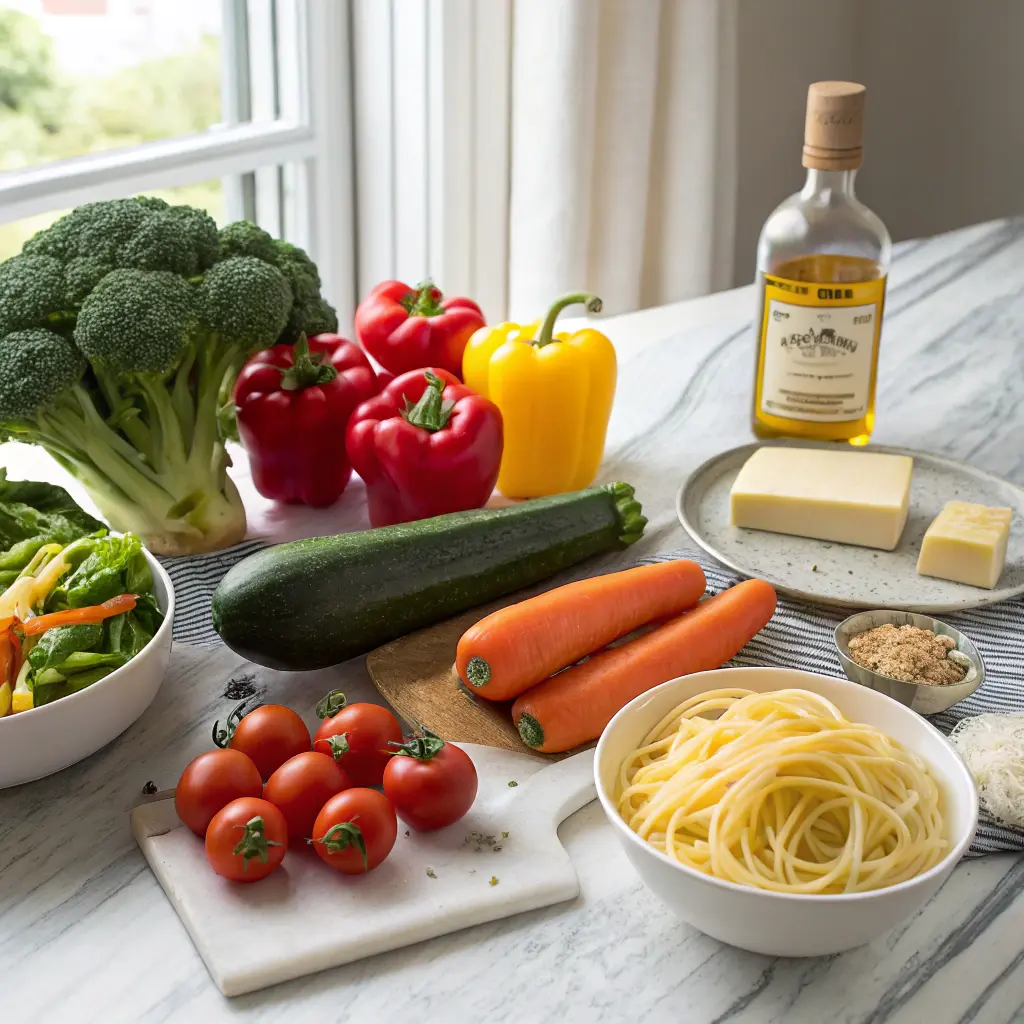 Ingredients for Pasta Primavera on marble counter