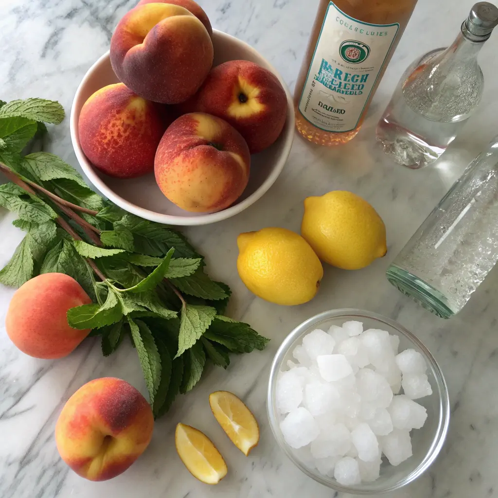 Ingredients for peach lemonade on marble counter