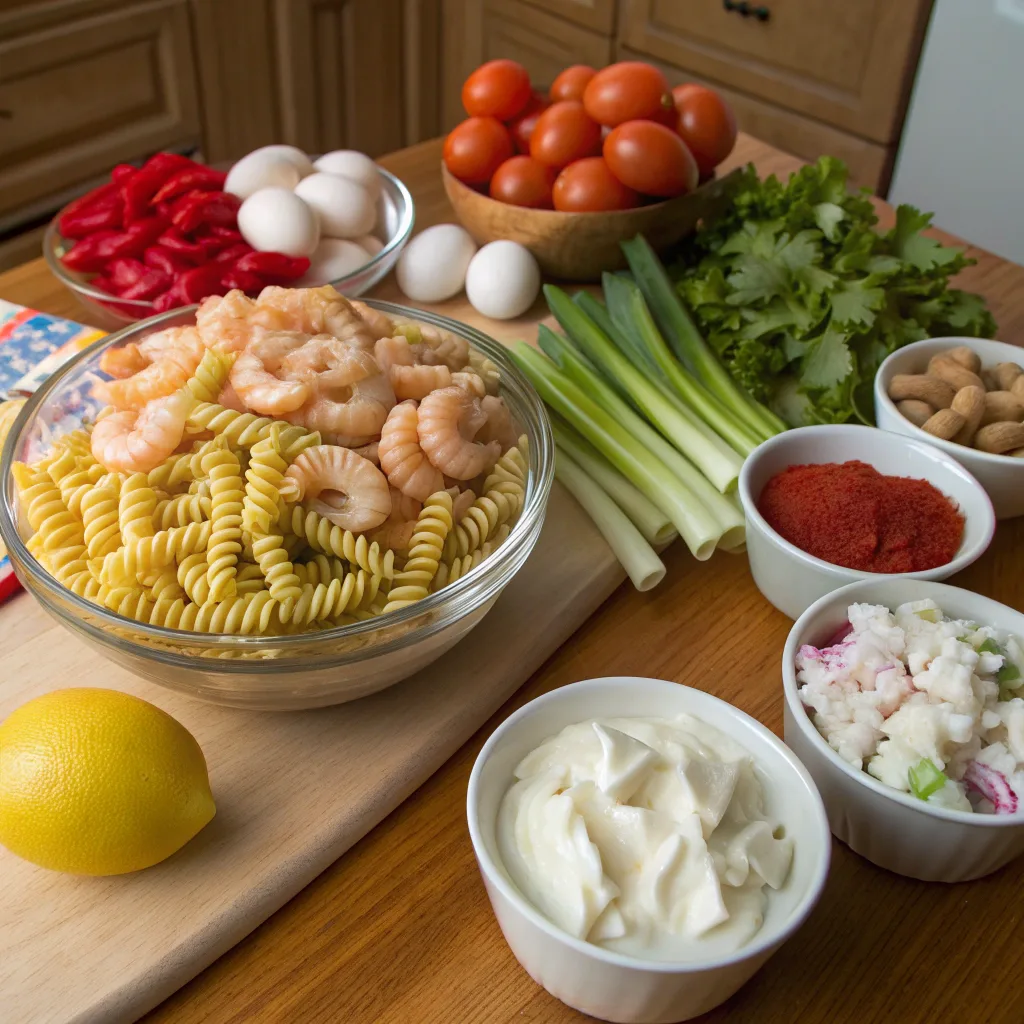 Ingredients for seafood pasta salad