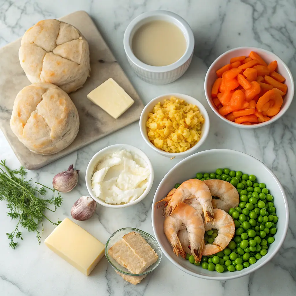Ingredients for shrimp lobster cheddar bay biscuit pot pie