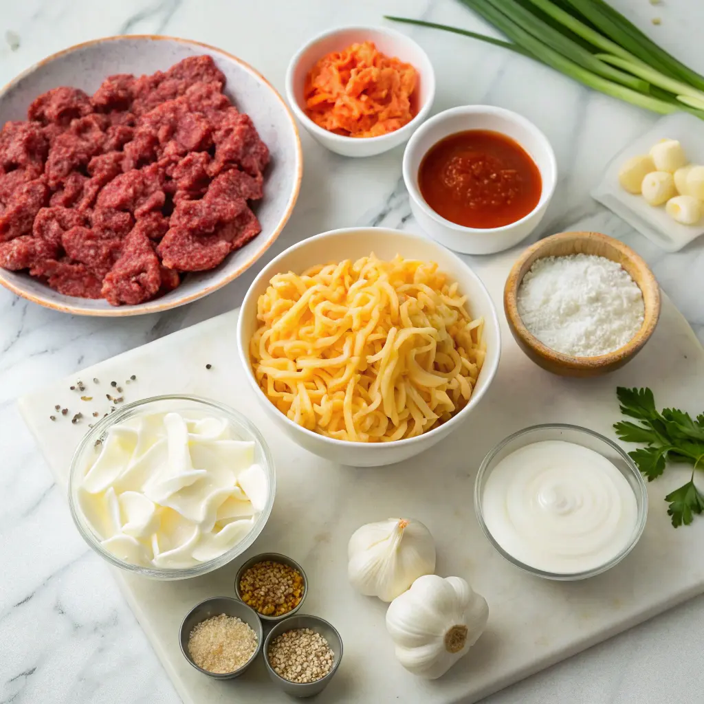 Ingredients for sour cream beef noodle recipe