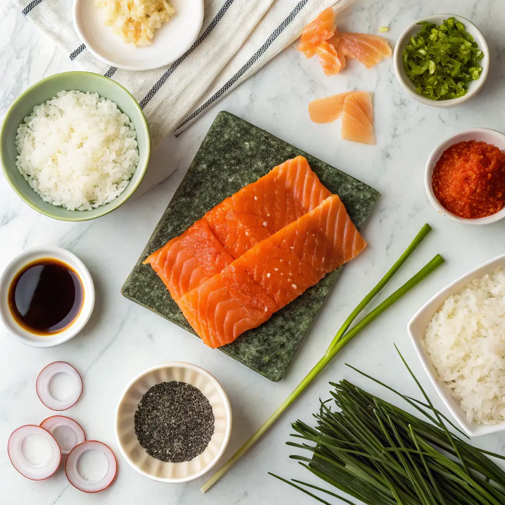 Ingredients for spicy salmon sushi bake