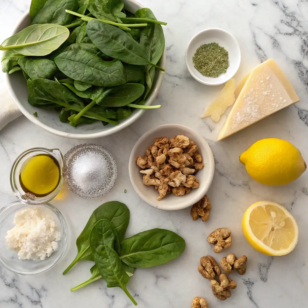Ingredients for spinach pesto laid out