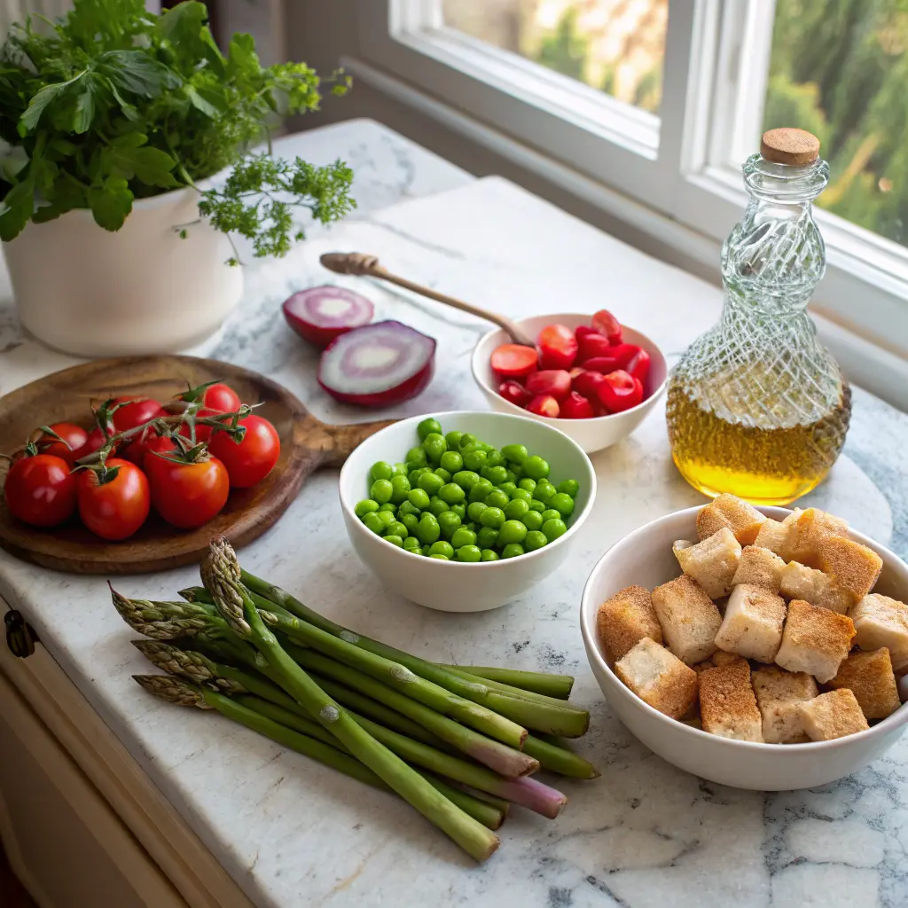 Spring Panzanella ingredients laid out