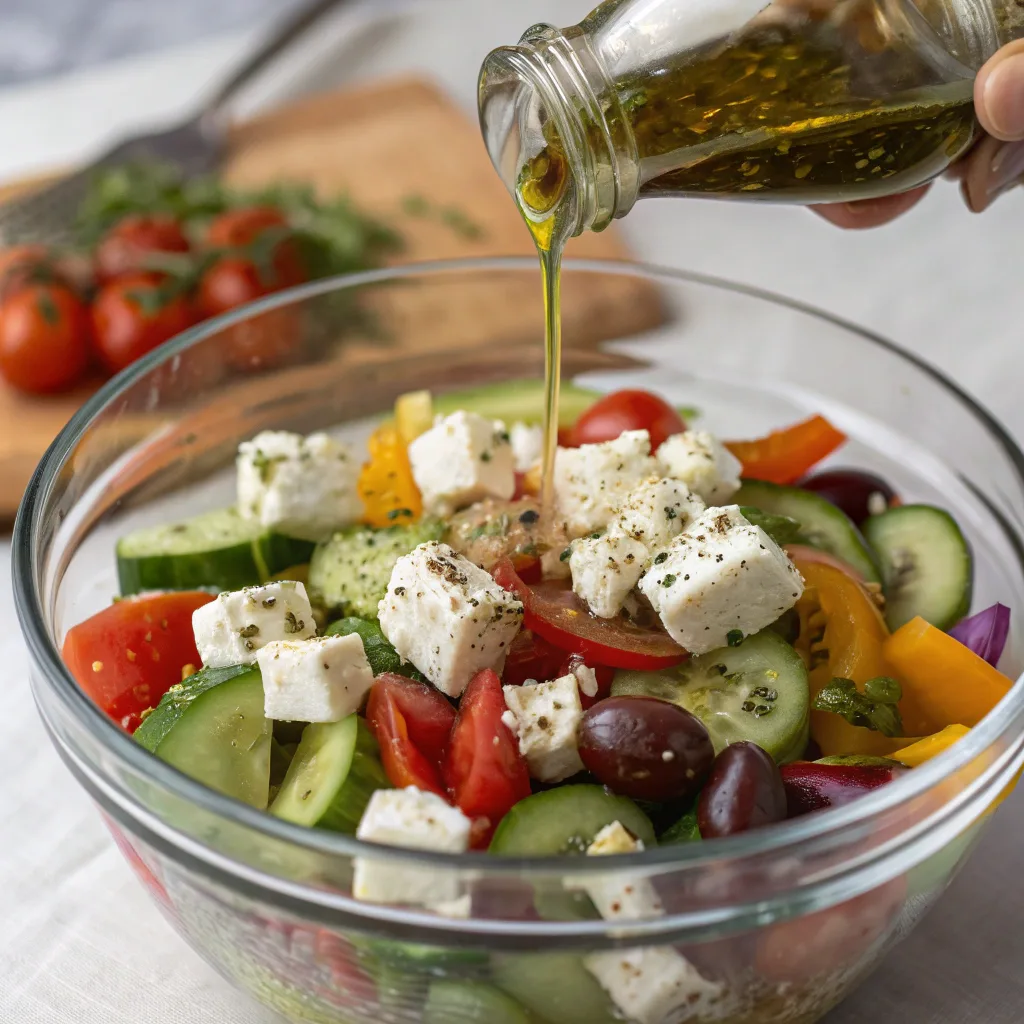 Assembling Greek salad in bowl
