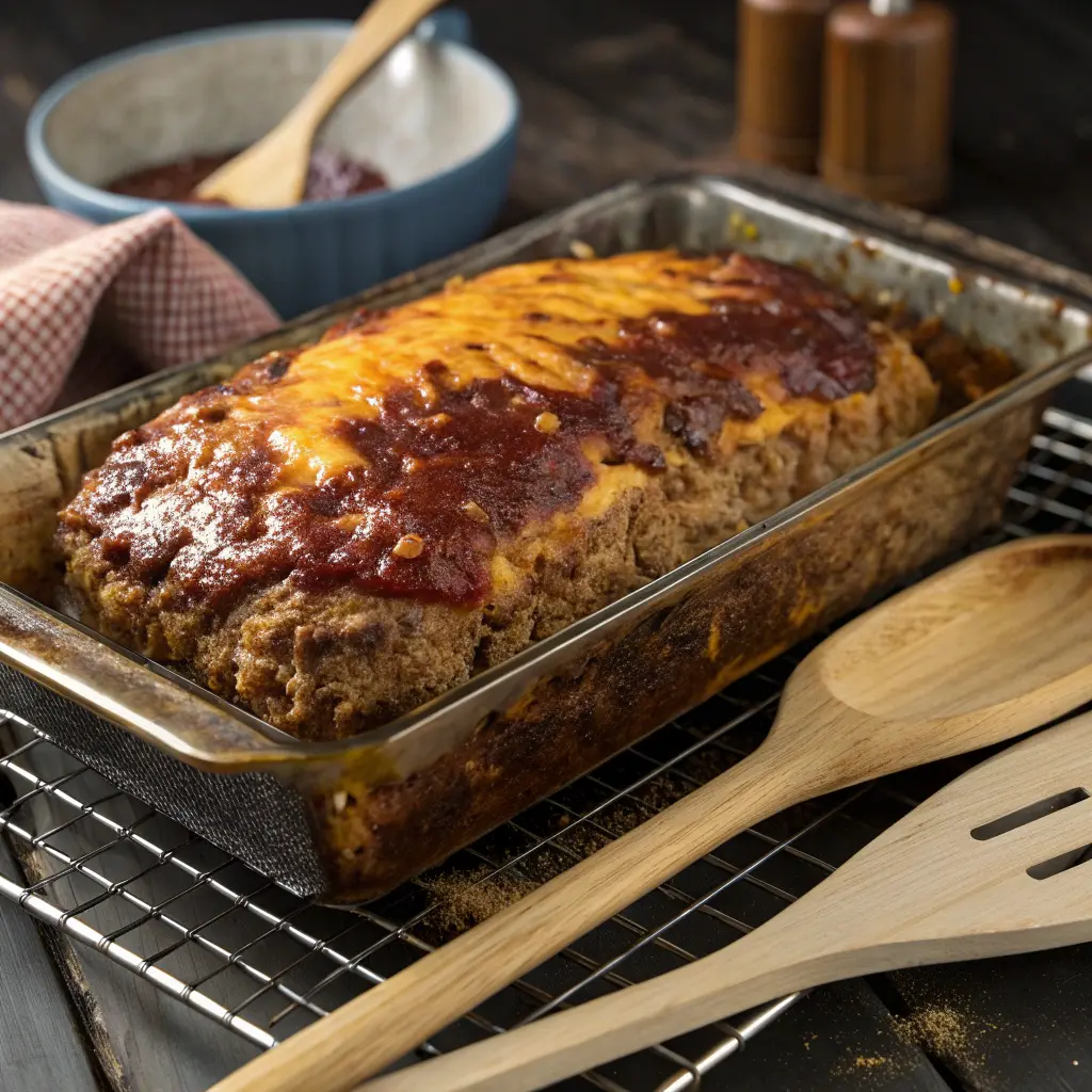 BBQ Bacon Cheddar Meatloaf – Ultimate Savory Flavor 11 Cooking BBQ cheddar meatloaf in oven