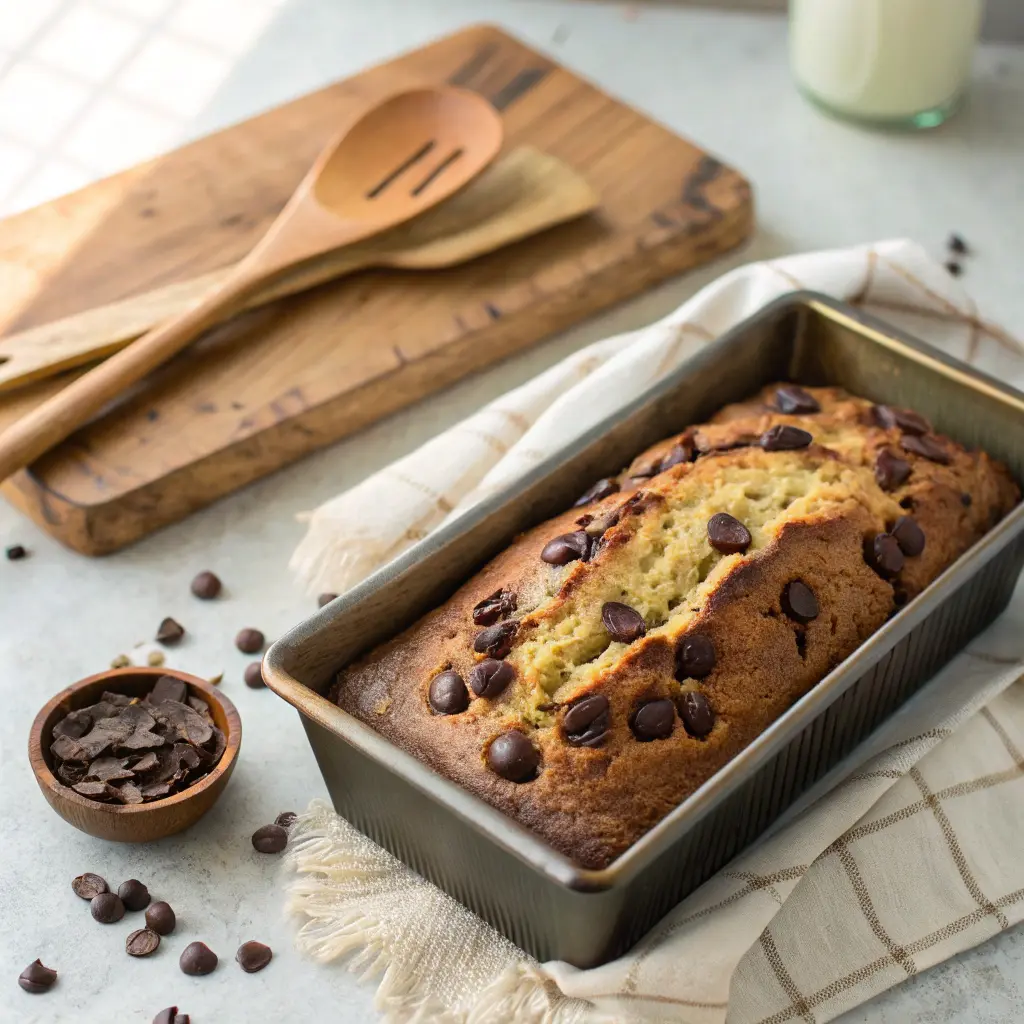 Chocolate chip banana bread in oven