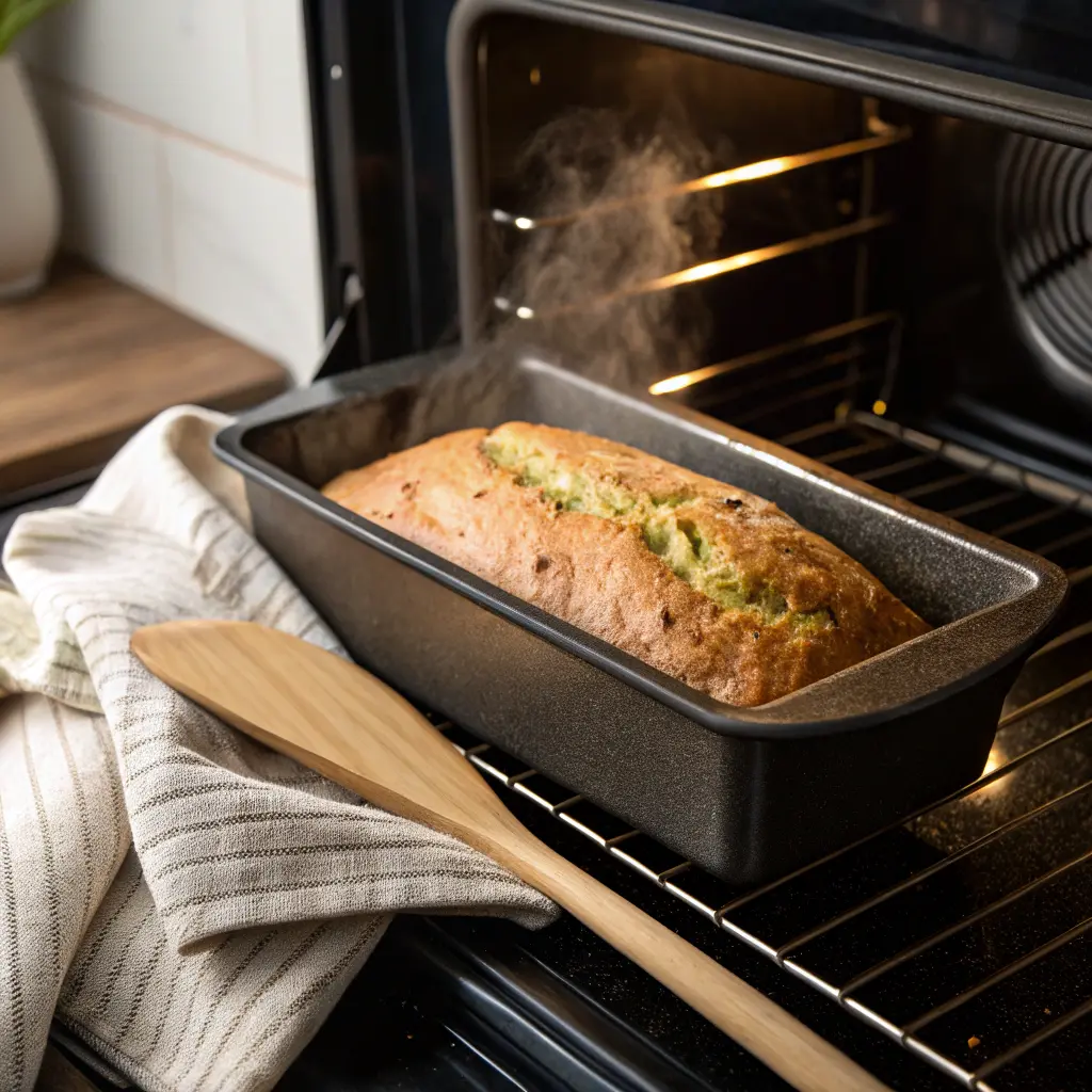 Baking cooks zucchini bread in oven