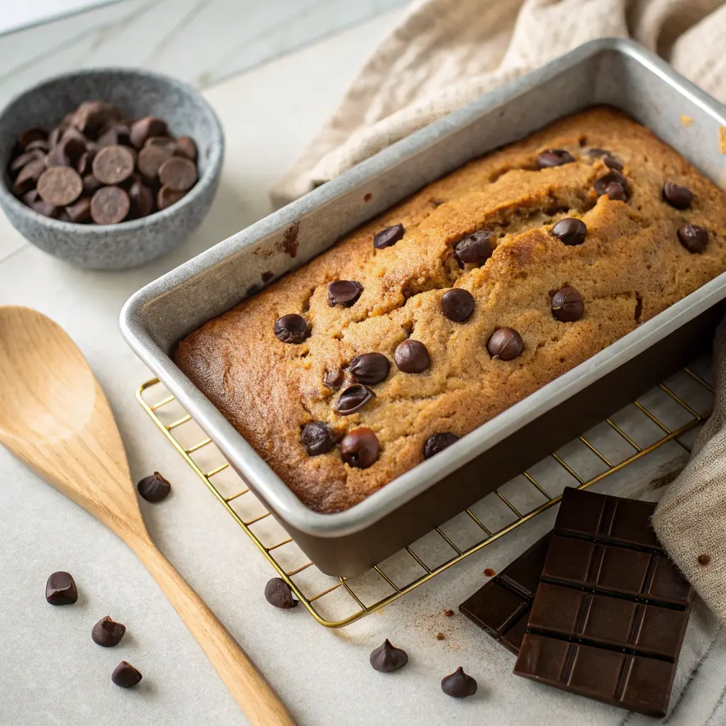 Protein banana bread baking in loaf pan