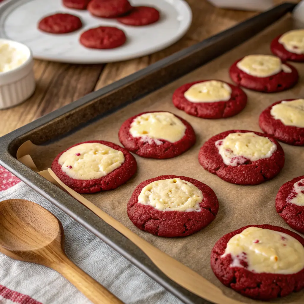 Red Velvet Cheesecake Cookies – Sweet & Creamy Homemade Treat 11 Red Velvet Cheesecake Cookies baking in oven