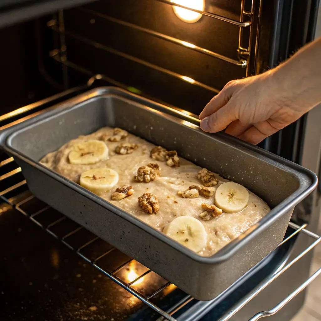 Baking vegan banana bread in loaf pan