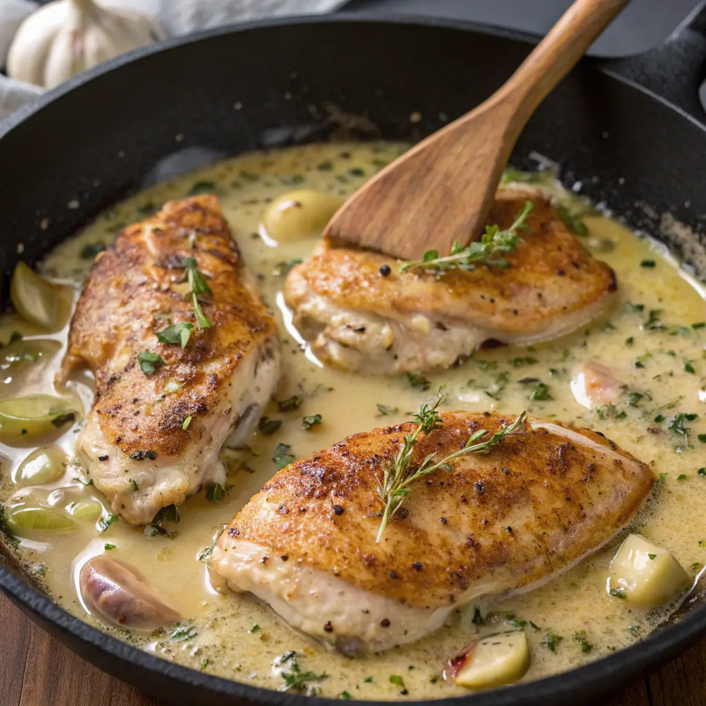 Cooking Irish whiskey chicken in skillet