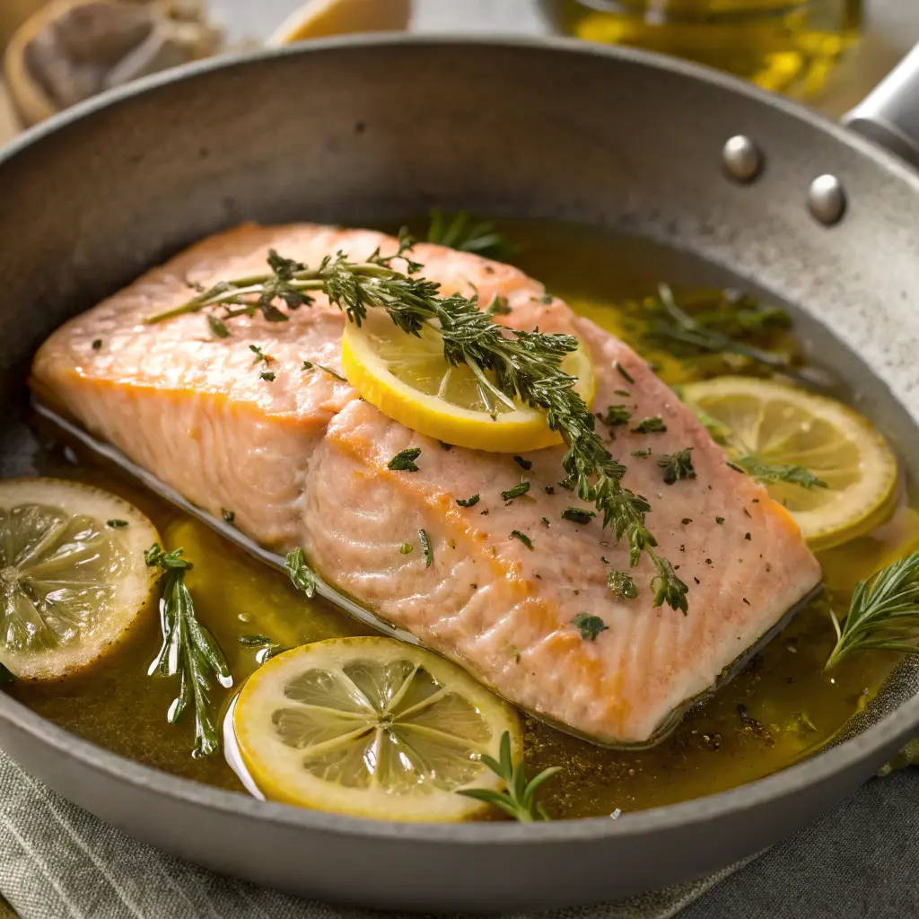 Olive oil poached salmon with lemon and herbs