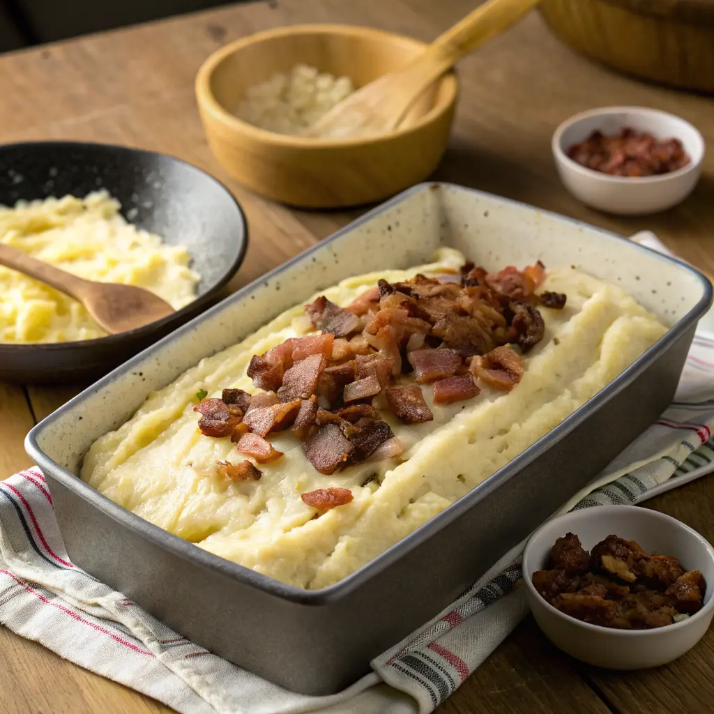 Cooking bacon and sausage stuffed potato loaf
