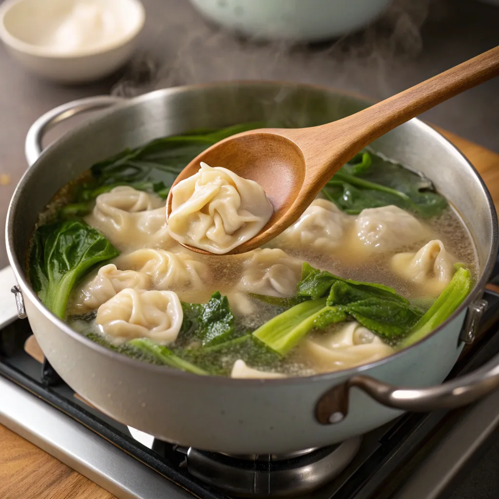 Cooking wonton soup in pot