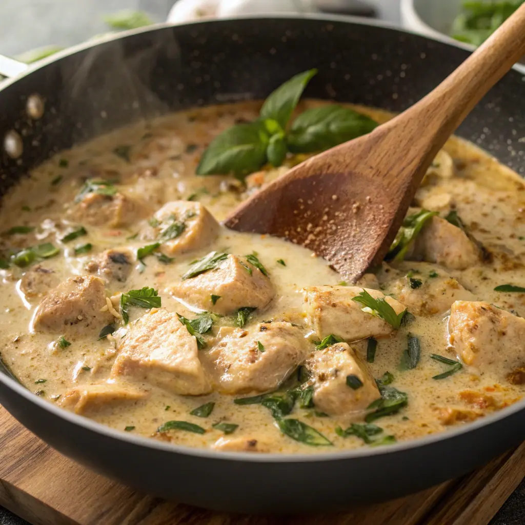 Cooking Basil Chicken Coconut Curry in pan