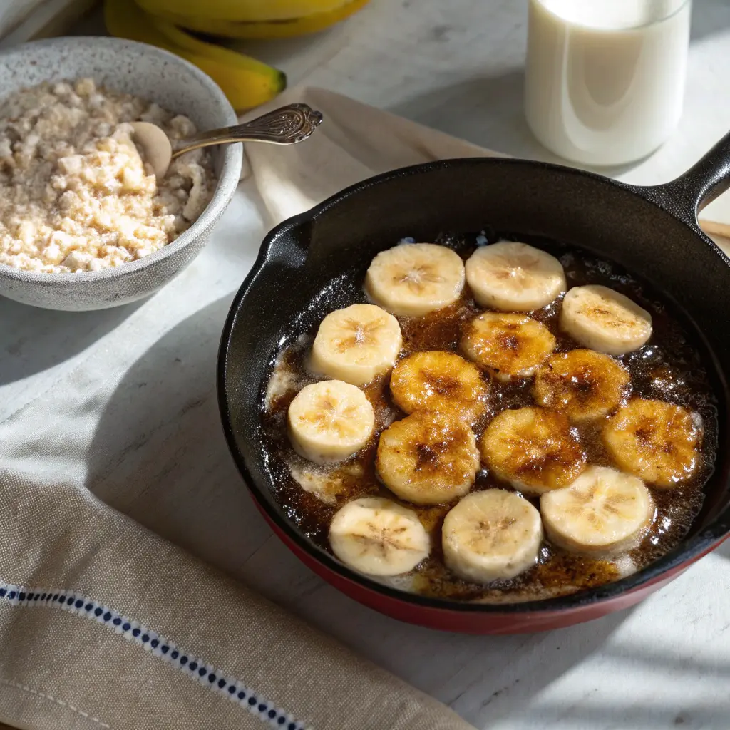 Caramelized bananas cooking in skillet