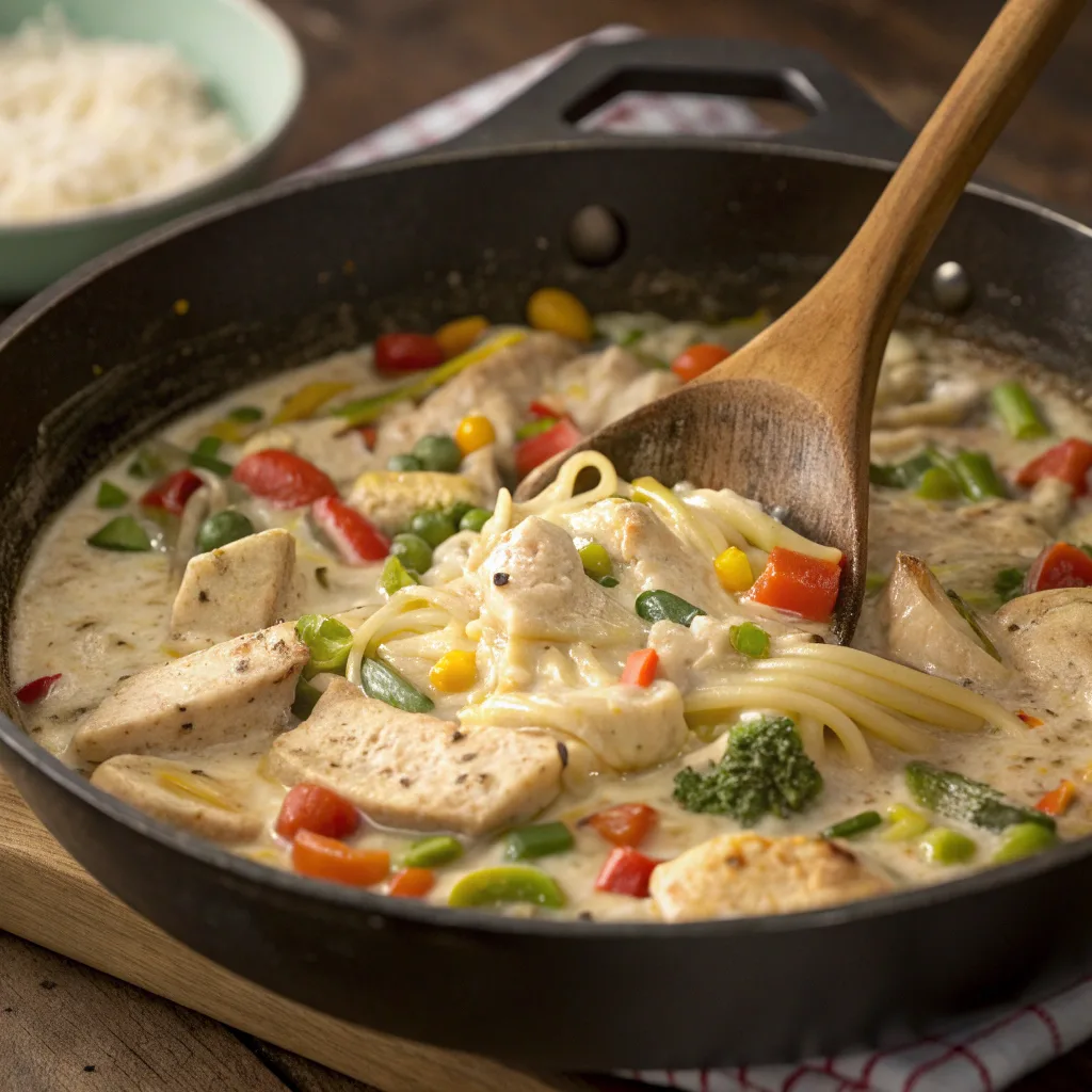 Cooking chicken pasta primavera in skillet