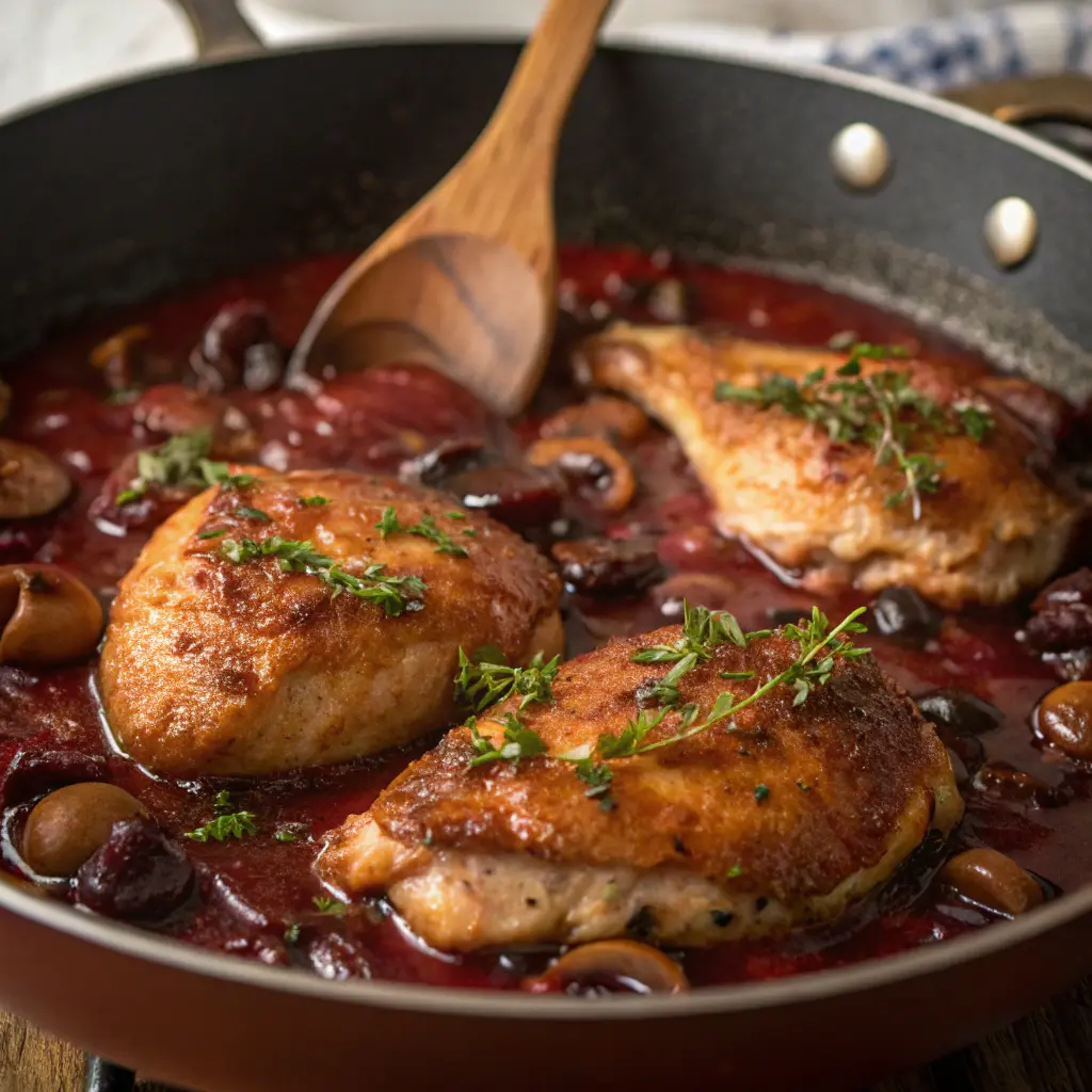 Chicken Pinot Noir recipe ideas for cozy dinners 11 Cooking chicken pinot noir in skillet