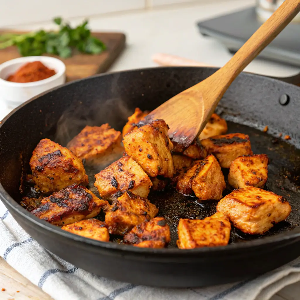 Chicken Tikka Paratha Rolls Recipe – Quick & Delicious Wraps 11 Cooking chicken tikka on skillet