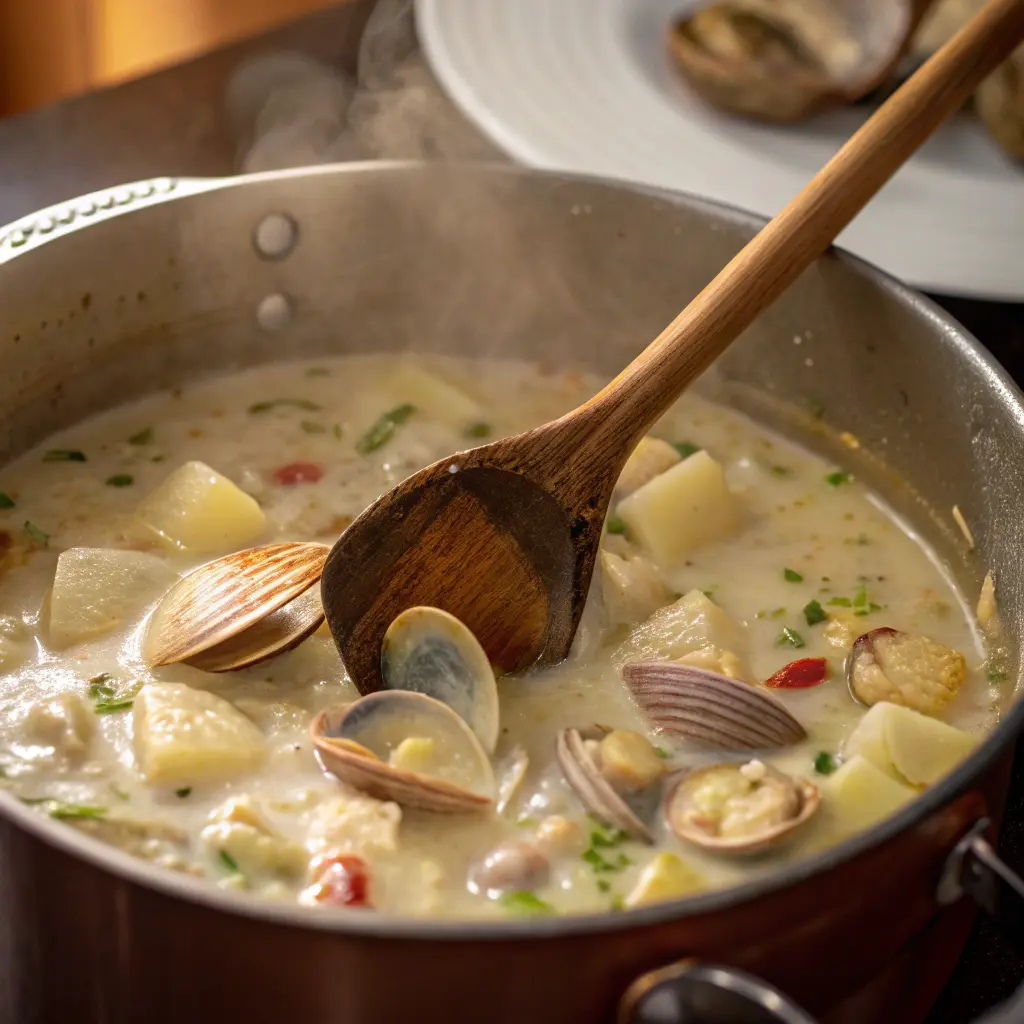 Clam Chowder Recipe Easy Creamy Comfort Soup 11 Cooking clam chowder in pot