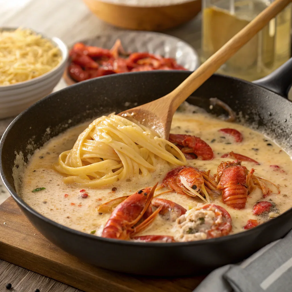 Classic Crawfish Monica Recipe – Louisiana Favorite 11 Cooking Crawfish Monica in skillet