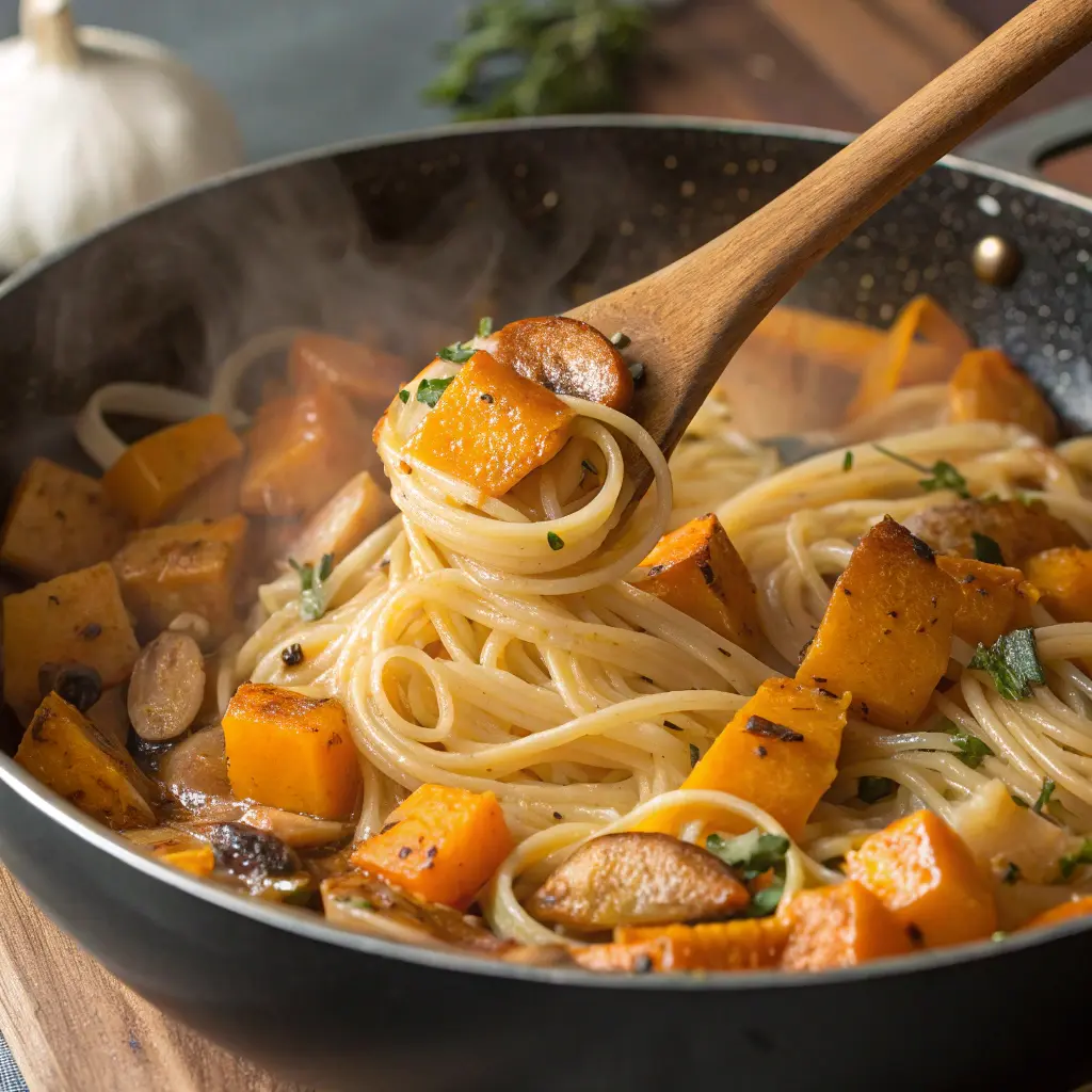 Cooking butternut squash pasta in skillet