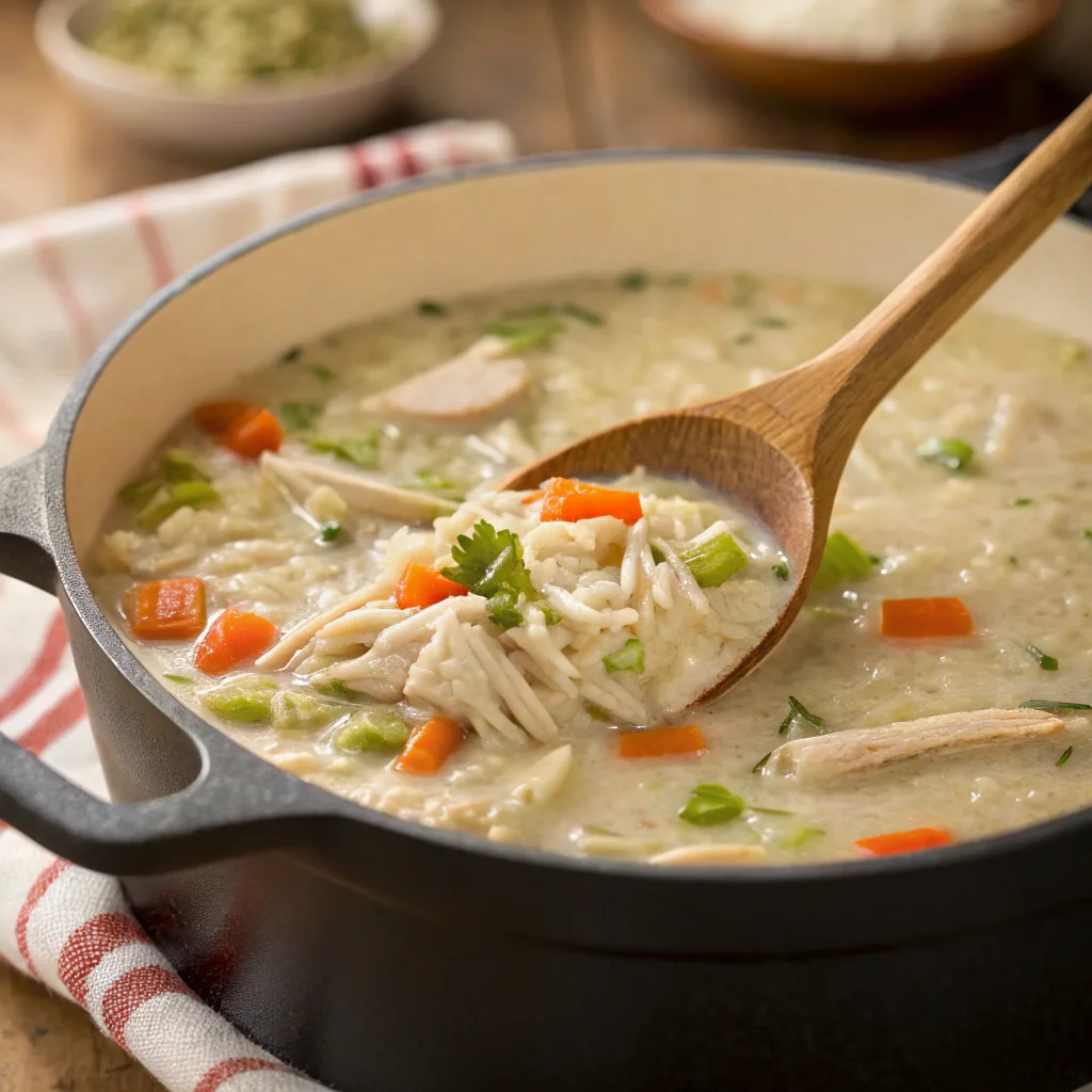 Cooking creamy chicken and rice soup in pot