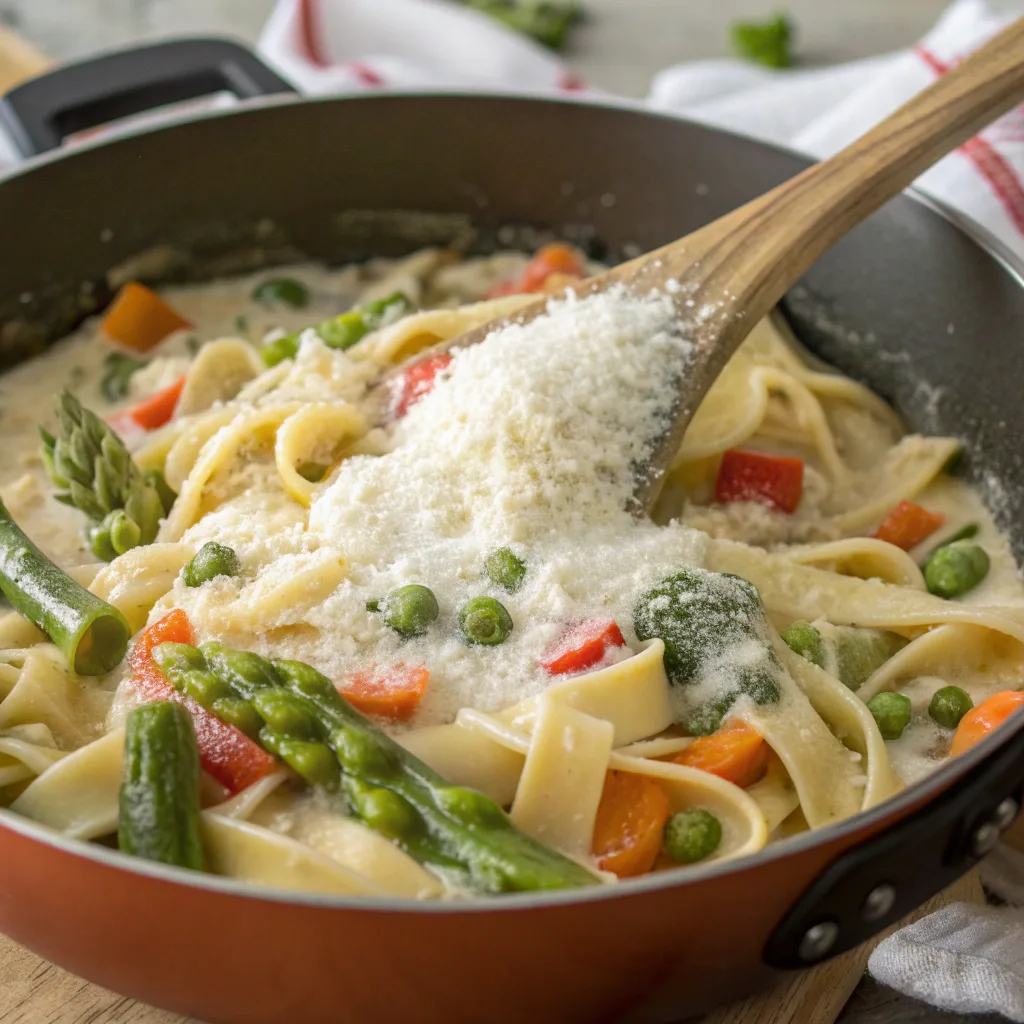 Cooking pasta primavera in skillet