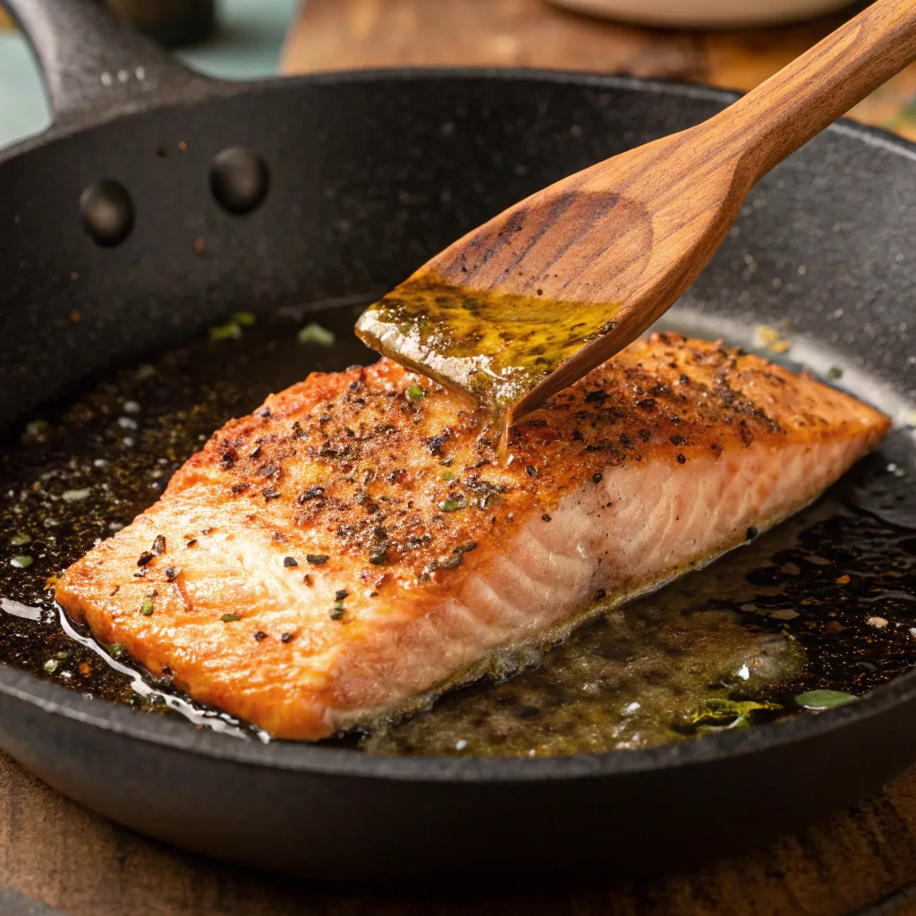 Cooking fried lemon pepper salmon in skillet