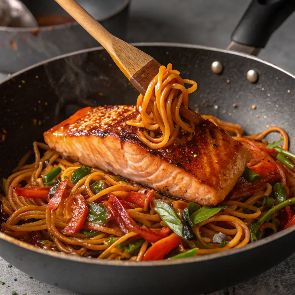 Cooking gochujang noodles with salmon