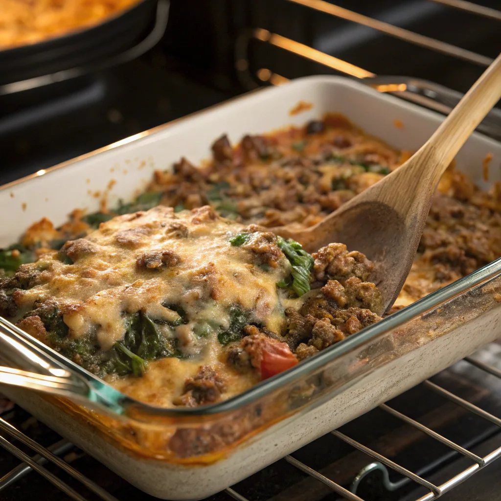 Ground Beef Spinach Casserole Recipe – Healthy & Delicious 10 Ground Beef Spinach Casserole cooking in oven