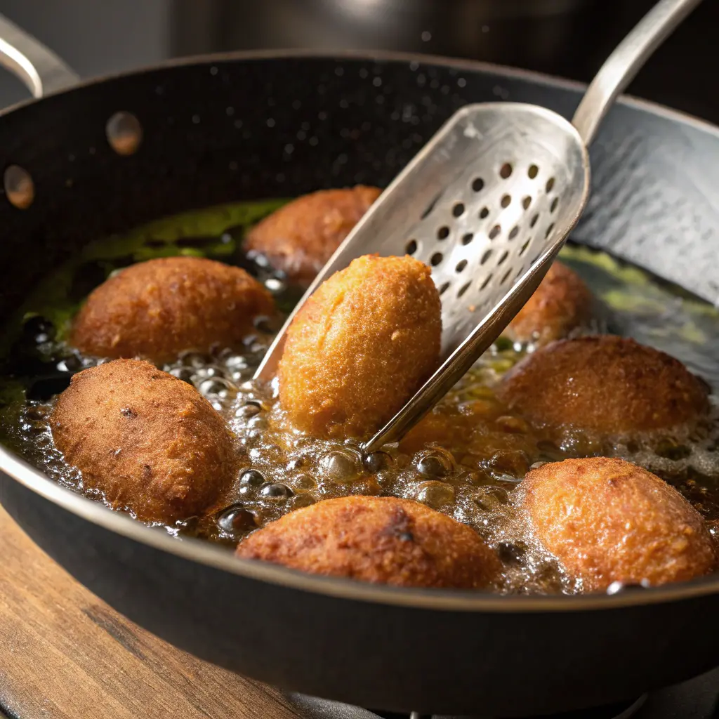 Frying Lebanese kibbeh balls in oil