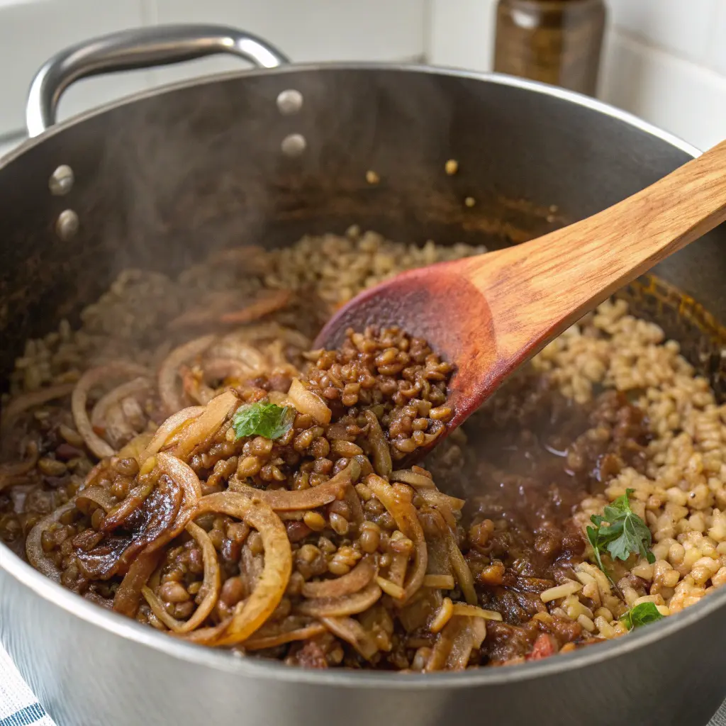 Cooking Lebanese mujadara in pot